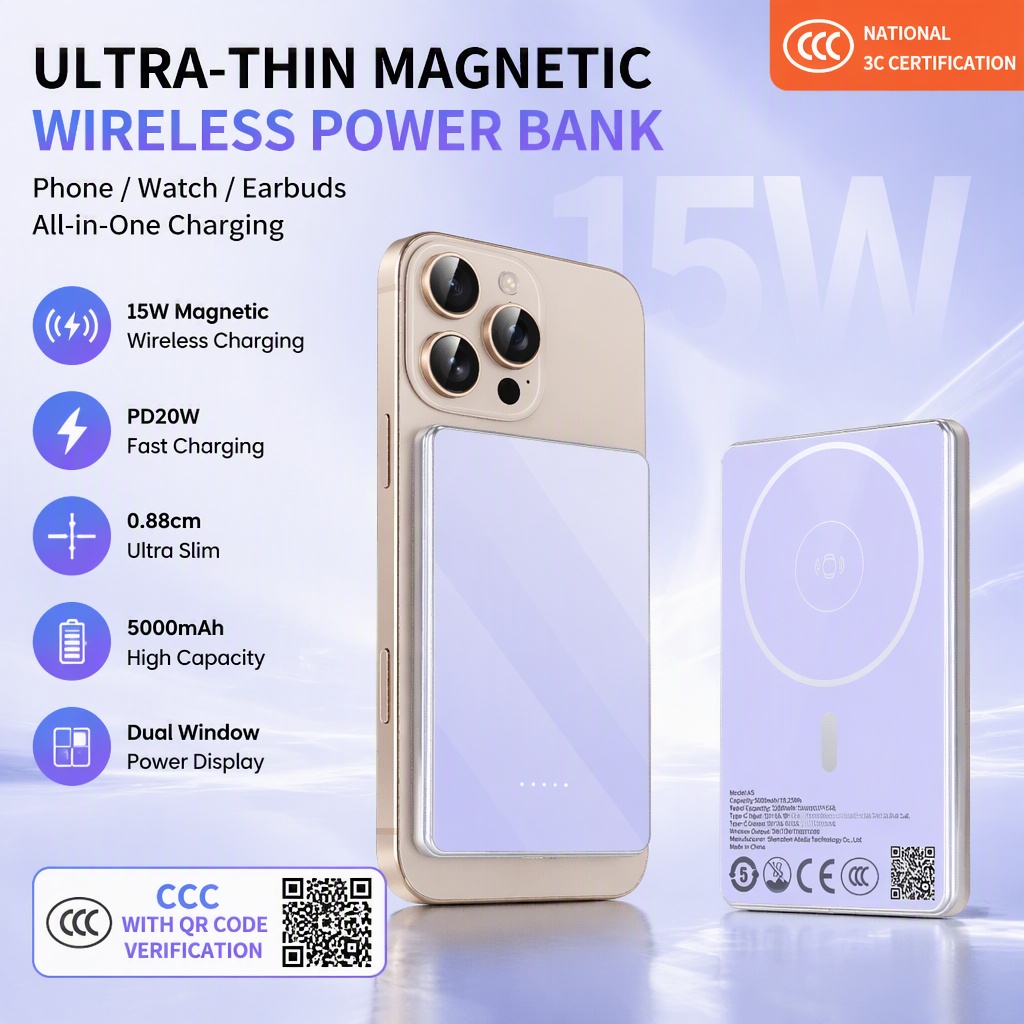Power Bank Slim - [CCC с QR-кодом] Ультратонкий магнитный беспроводной